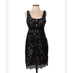 ECI Woman's Size 4 Black Tan Eyelet Sleeveless Dress A-line Floral Workwear